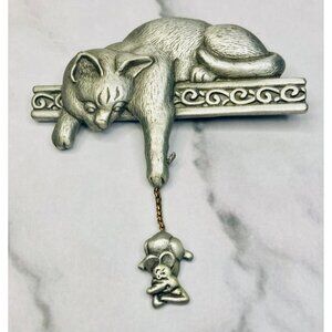 Vintage JJ Pewter Cat & Mouse Brooch Pin -317